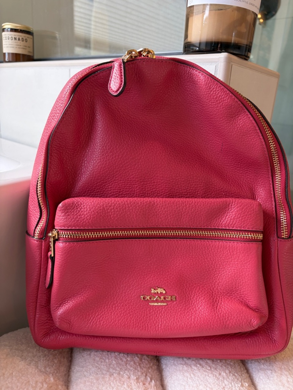 Coach Pebbled Leather Backpack in Bright Pink with Gold Hardware